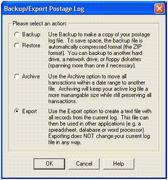 BackUp/Export dialog box - bring your postage log data into Excel or a database program